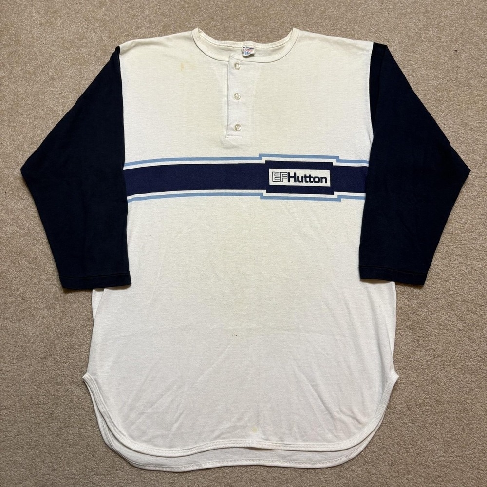 Vtg 80s Champion Raglan‎ Shirt Mens XL EF Hutton White Henley 3/4 Sleeve Striped
